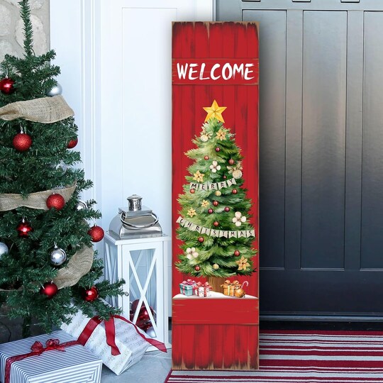 Citrus; Merry Christmas Porch Sign for Front Door, Xmas Wooden Welcome Sign with Christmas Tree for Front Porch Decorations, Winter Garden Decor Outdoor Hanging Signs Wall Sign 31.5"H; Category:Christmas Party Decorations; Image:1